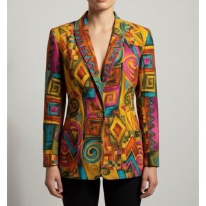VTG Ken Sington Square Blazer Women's Size LG Long Sleeve PKT Bold Abstract Boho